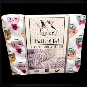 4pc Set Cats With Eye Glasses Coquette Bow Twin Bed Sheet Set Decor NEW